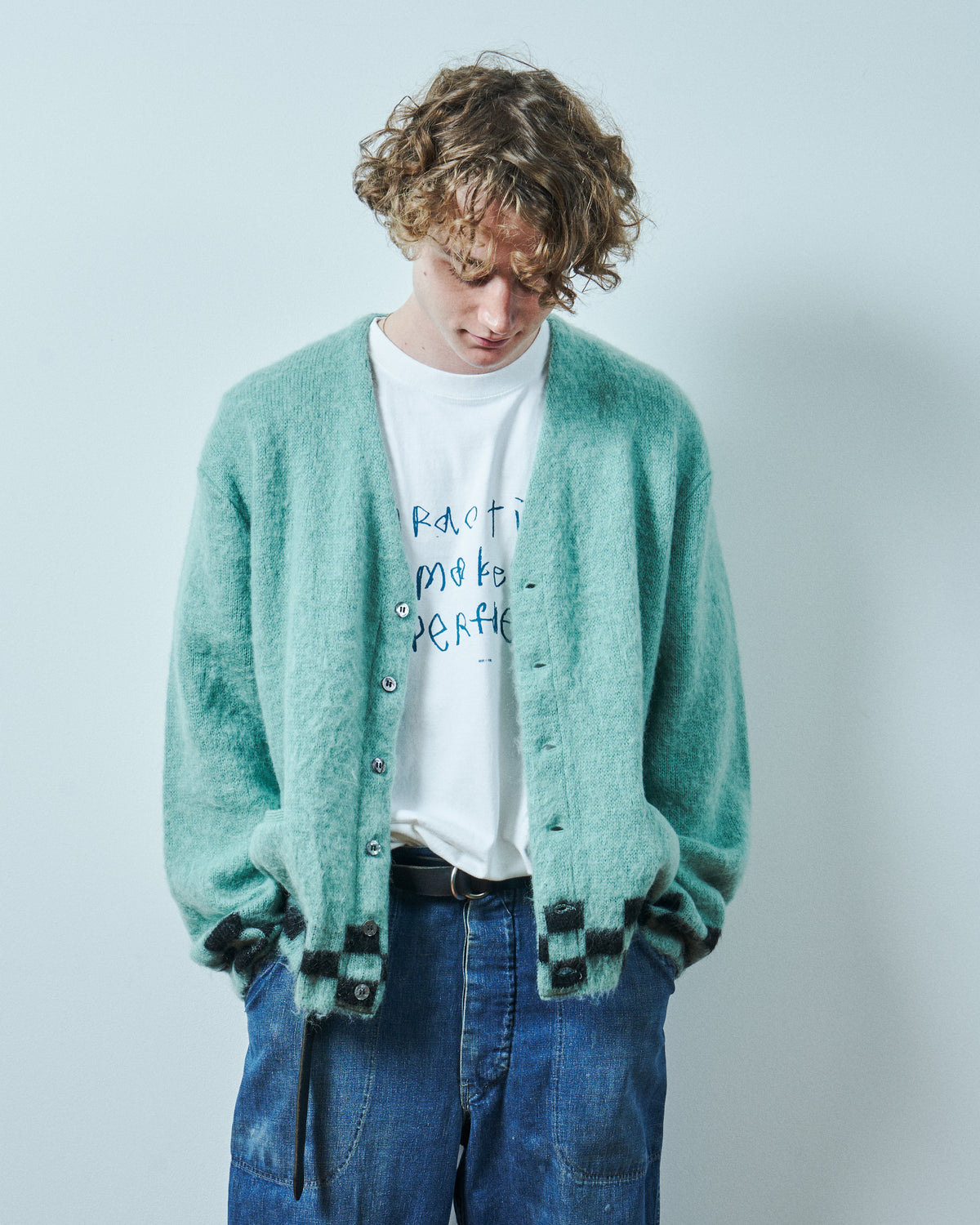 TODAY edition : CHECKER MOHAIR CARDIGAN / BLUE