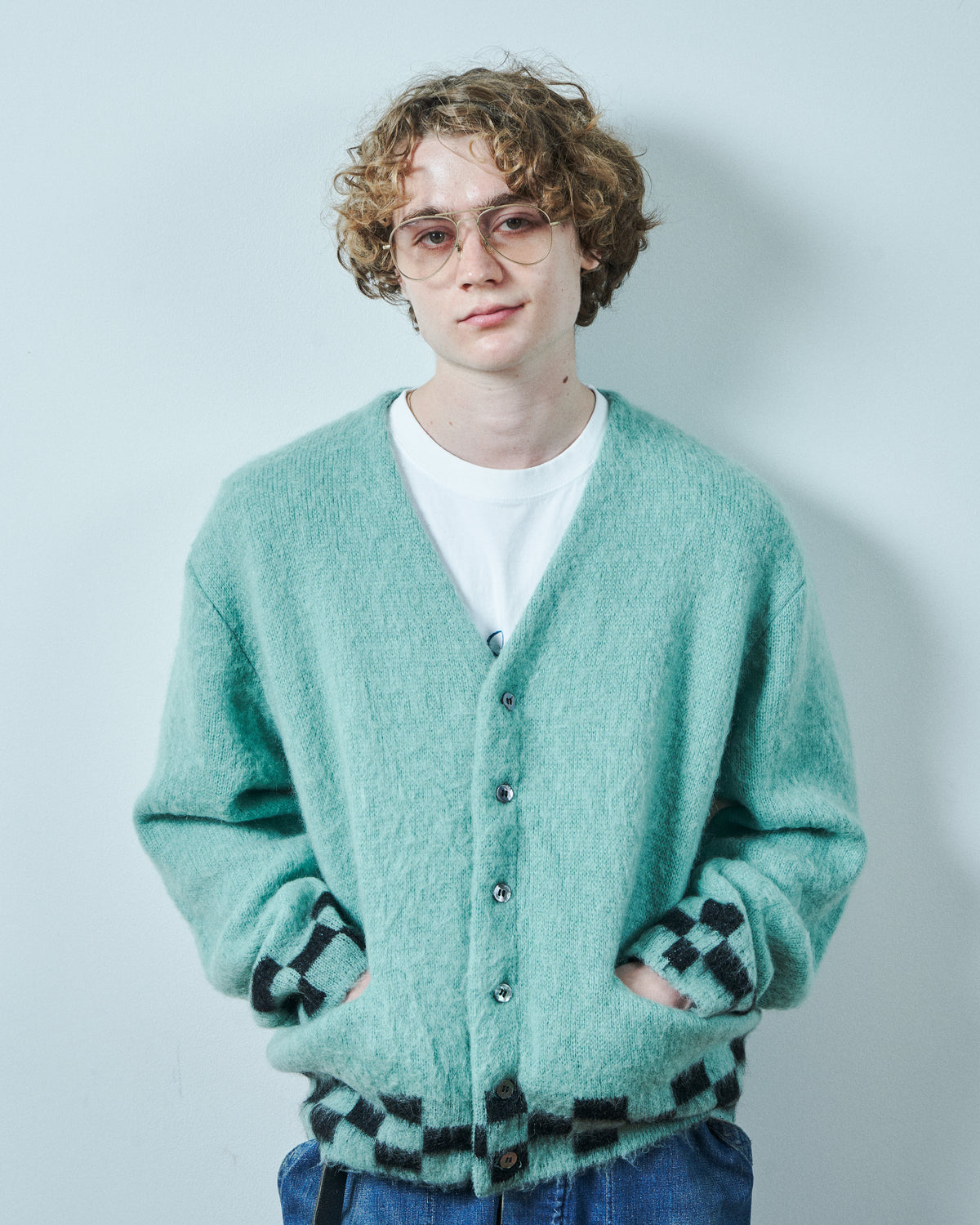 TODAY edition : CHECKER MOHAIR CARDIGAN / BLUE