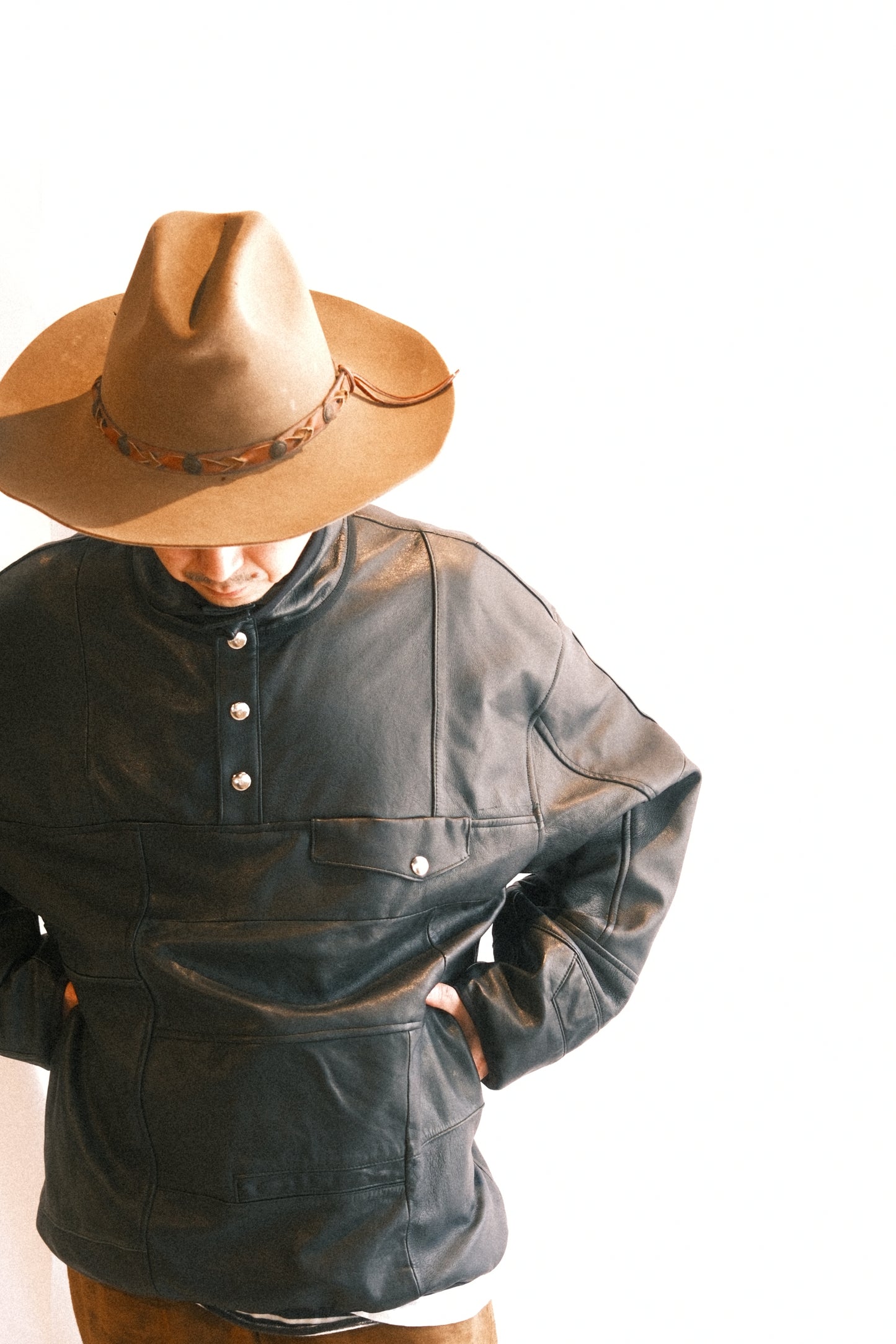 OLDPARK : SNAP PULLOVER JACKET -LEATHER-  (BLACK、Mサイズ)