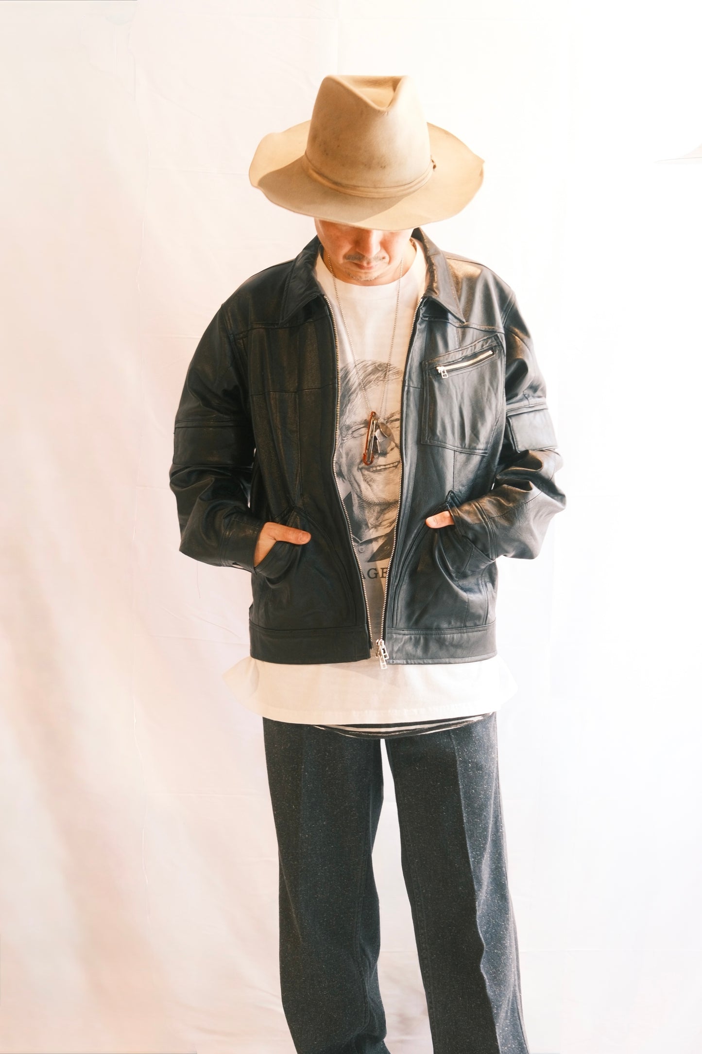 OLDPARK : ZIP UP WORK JACKET -LEATHER- (BLACK、Mサイズ)