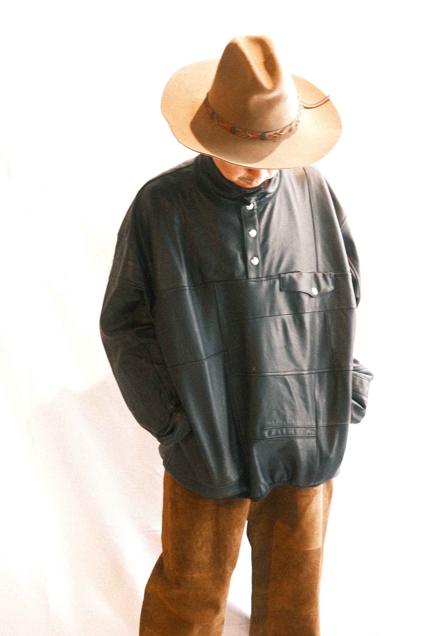 OLDPARK : SNAP PULLOVER JACKET -LEATHER-  (BLACK、Mサイズ)