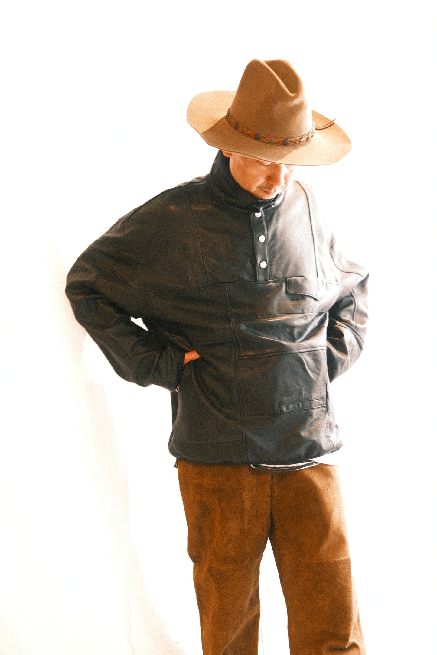 OLDPARK : SNAP PULLOVER JACKET -LEATHER-  (BLACK、Mサイズ)