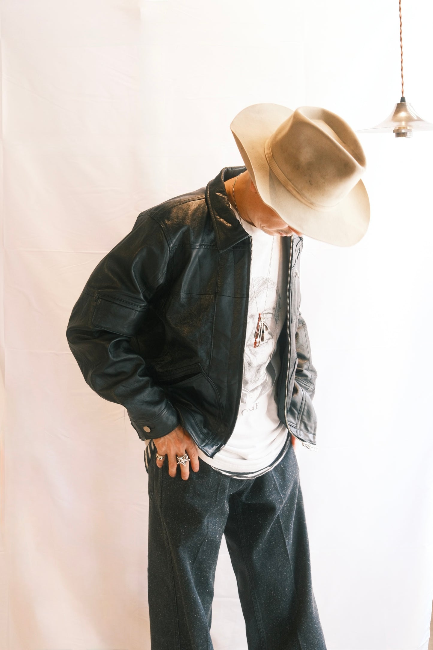 OLDPARK : ZIP UP WORK JACKET -LEATHER- (BLACK、Mサイズ)
